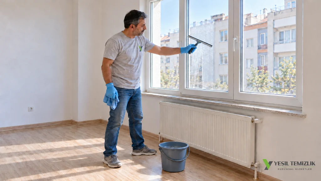 Male staff member cleaning the glass of a PVC window with a squeegee in an empty apartment