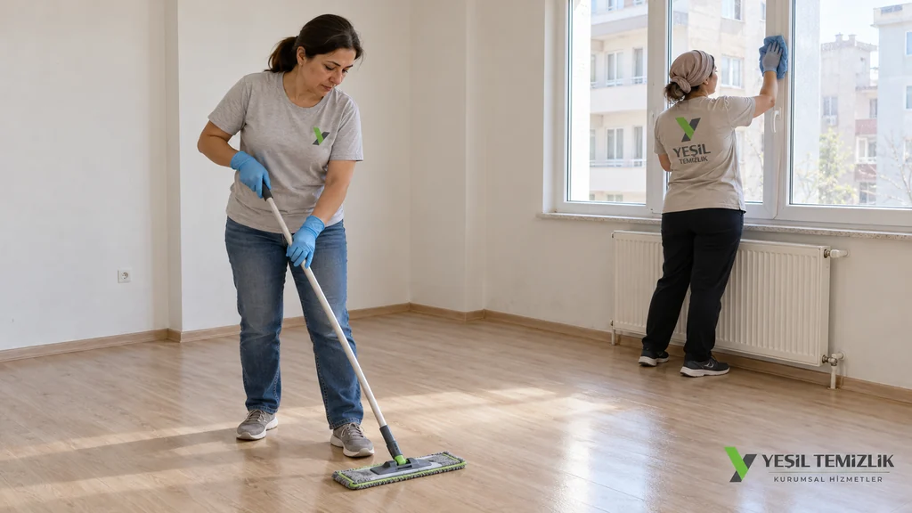 Two Yeşil Temizlik staff in an empty apartment, one mopping the floor and one wiping the window frame with a cloth