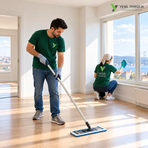 Yeşil Temizlik team cleaning the floor and windows of an empty apartment before its post-construction handover