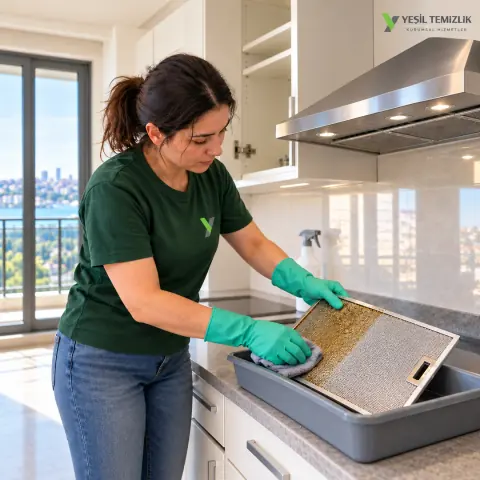 Yeşil Temizlik employee cleaning grease off a cooker hood filter in an empty apartment after a tenant moved out