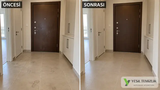 Entrance hall with a steel door and floor, before and after cleaning