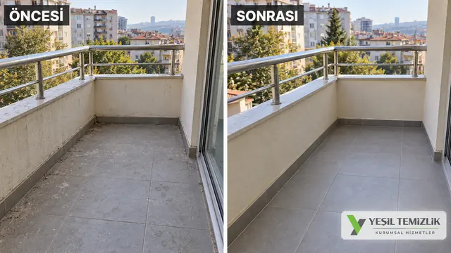 Open balcony floor and railing, before and after cleaning