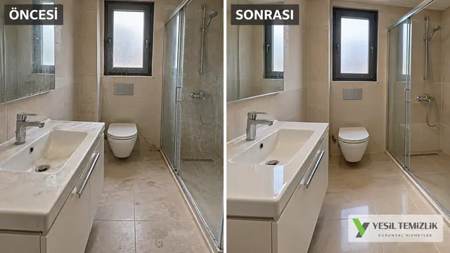 Bathroom washbasin and shower cabin, before and after cleaning