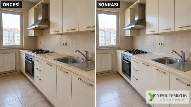 Kitchen of an empty apartment, before and after cleaning