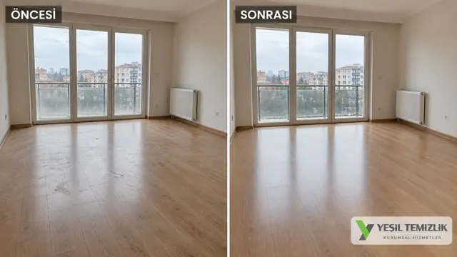 Empty living room with laminate flooring, before and after cleaning