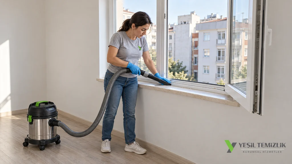 Staff member removing fine construction dust from a window channel with the narrow nozzle of a small industrial vacuum