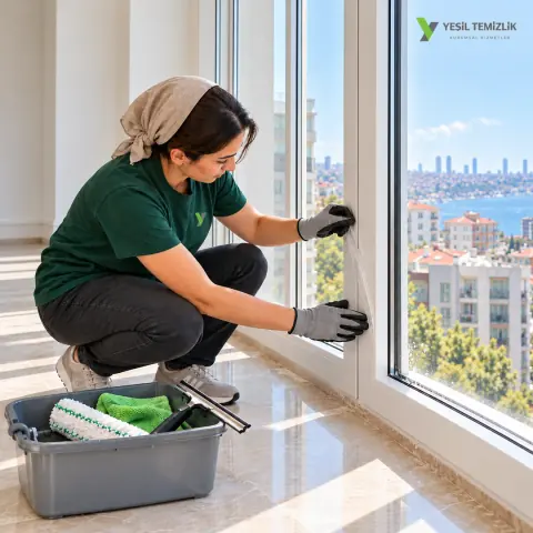 Yeşil Temizlik employee cleaning a window frame and its channels after renovation
