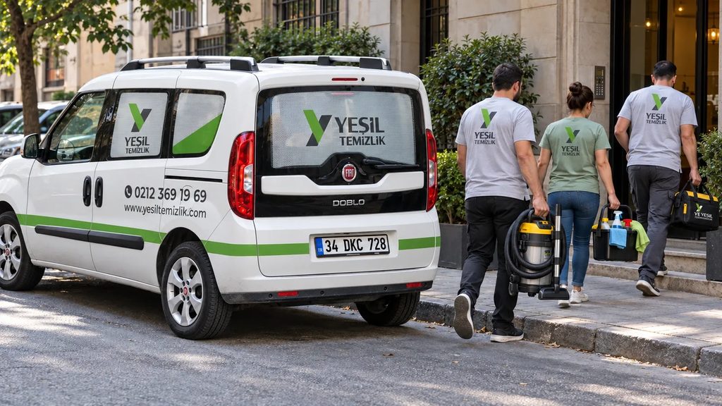 Yeşil Temizlik ekibi logolu Doblo aracın yanından ıslak vakum makinesi ve malzeme çantalarıyla işe başlıyor