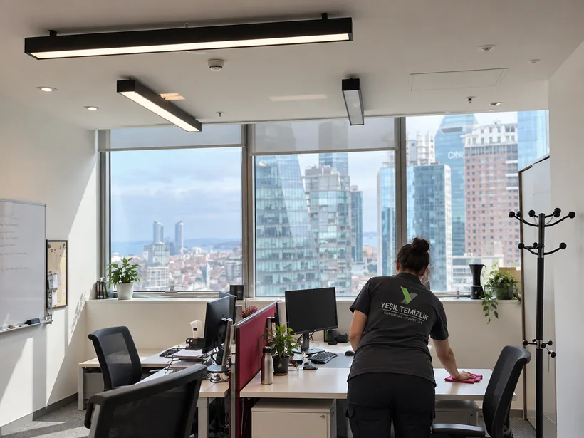Yeşil Temizlik employee wiping a desk in an office tower with a city view