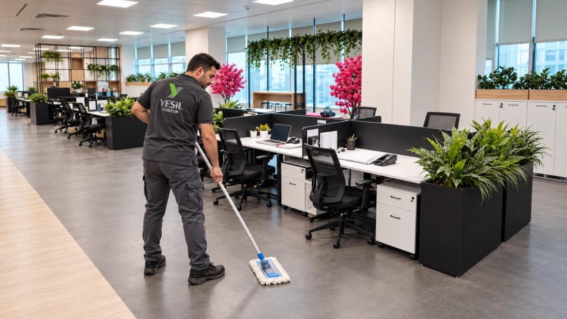 Açık ofiste zeminin paspasla silinmesi