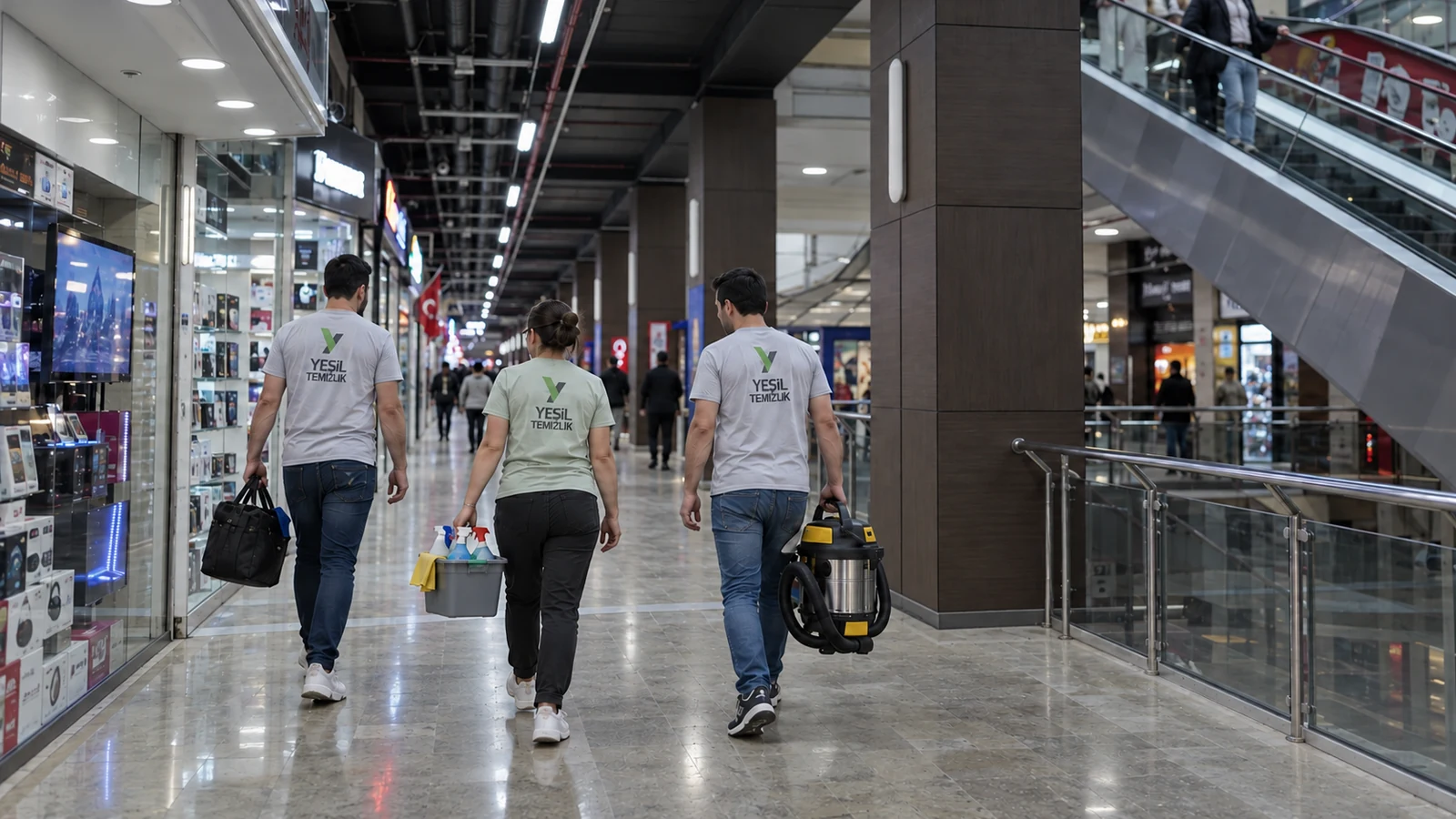PERPA içinde ekipmanlarıyla holde yürüyen Yeşil Temizlik personelleri