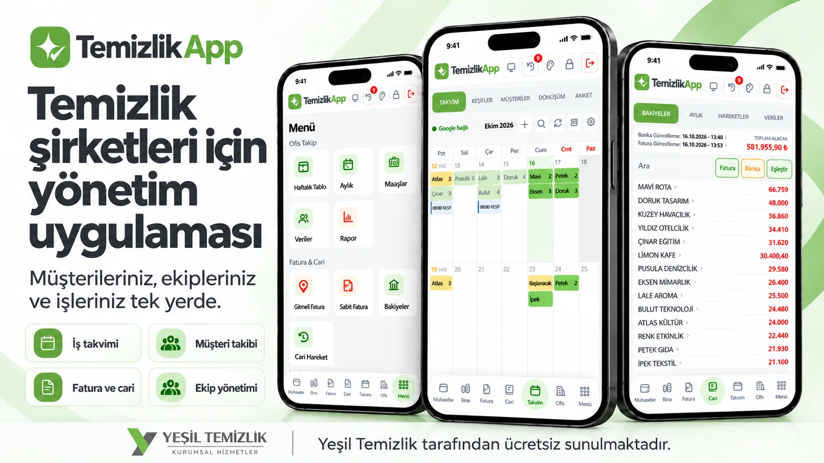 TemizlikApp: temizlik şirketleri için yönetim uygulaması; menü, iş takvimi ve bakiyeler ekranları. Yeşil Temizlik tarafından ücretsiz sunulmaktadır.